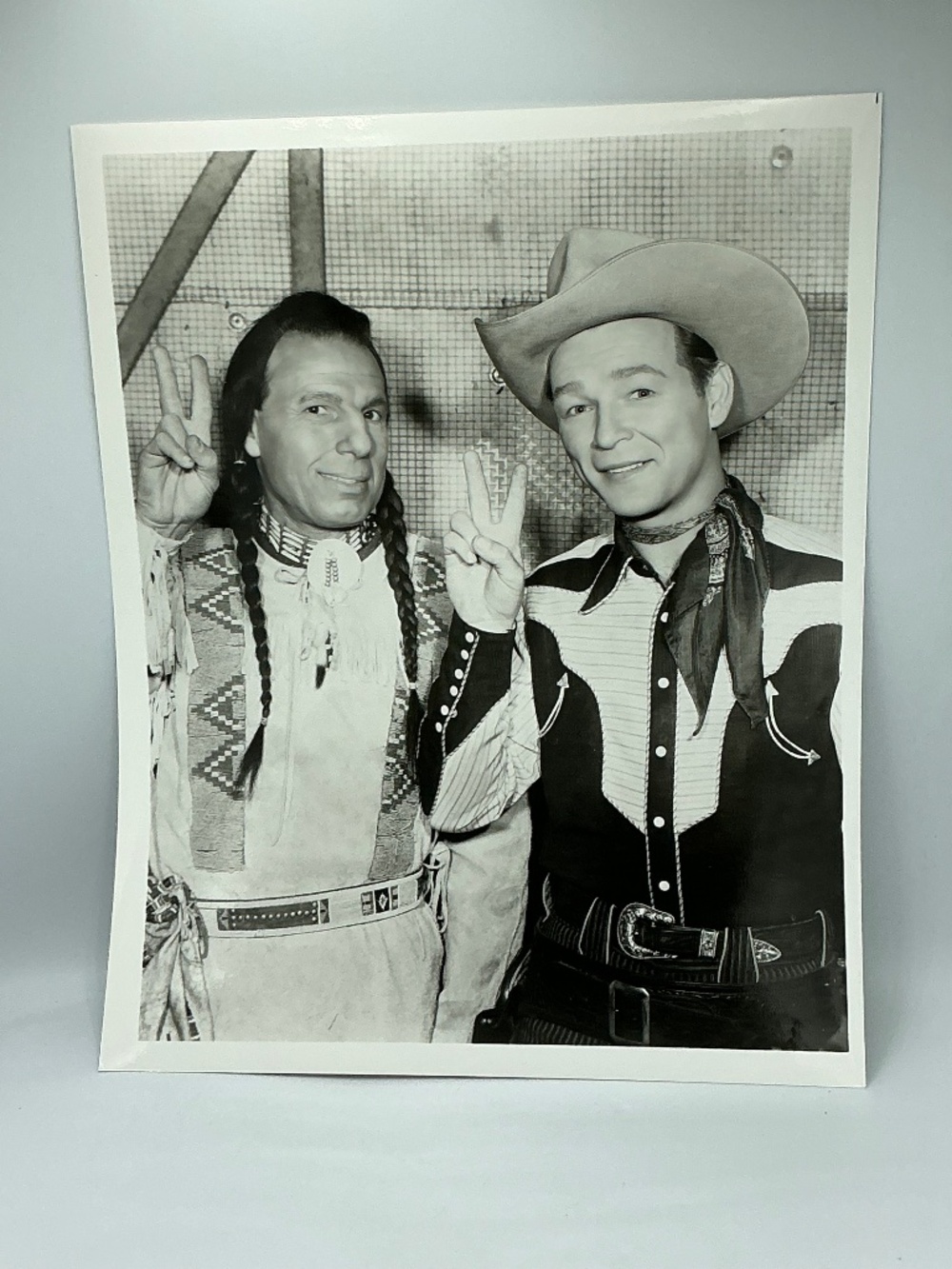 Roy Rogers & Iron Eyes Cody B&W Western Photo Peace Sign 8x10 1990